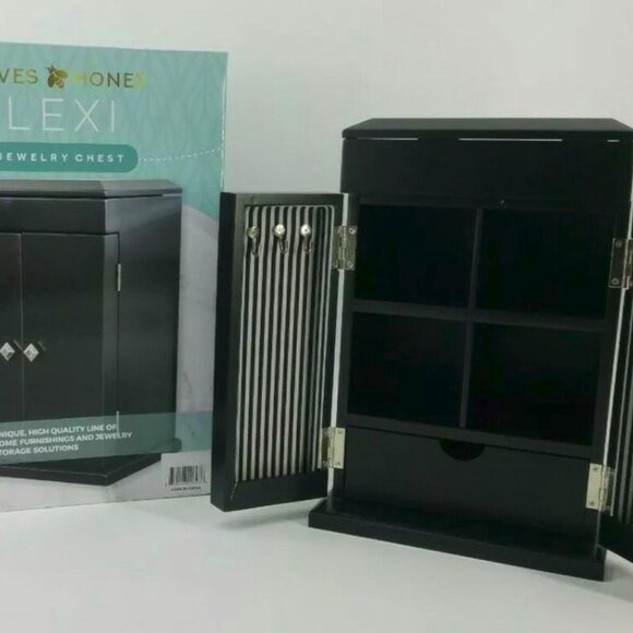 Hives & Honey Lexi Jewelry Chest Box Black Tabletop w/ Mirror Ring Rolls